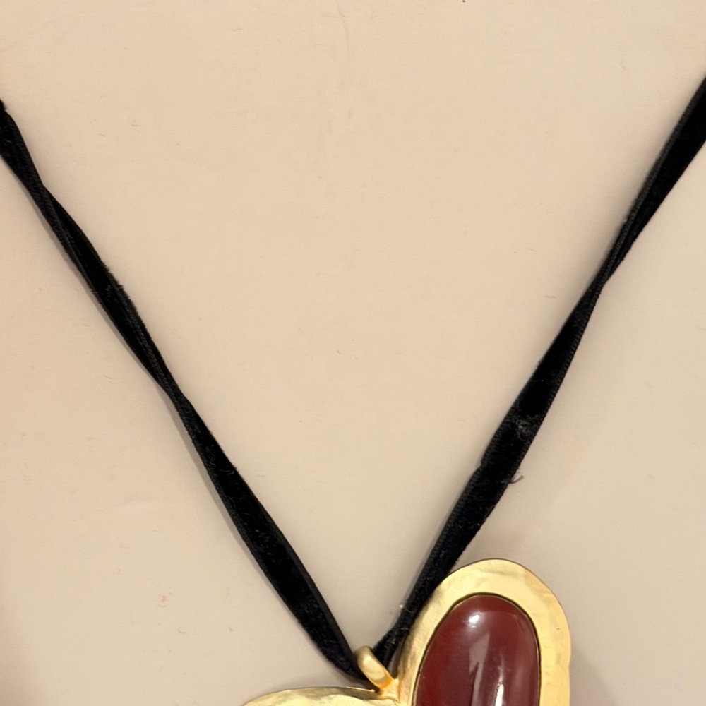 Zara Gold Heart Pendant Necklace with Red Cabochon on Black Ribbon